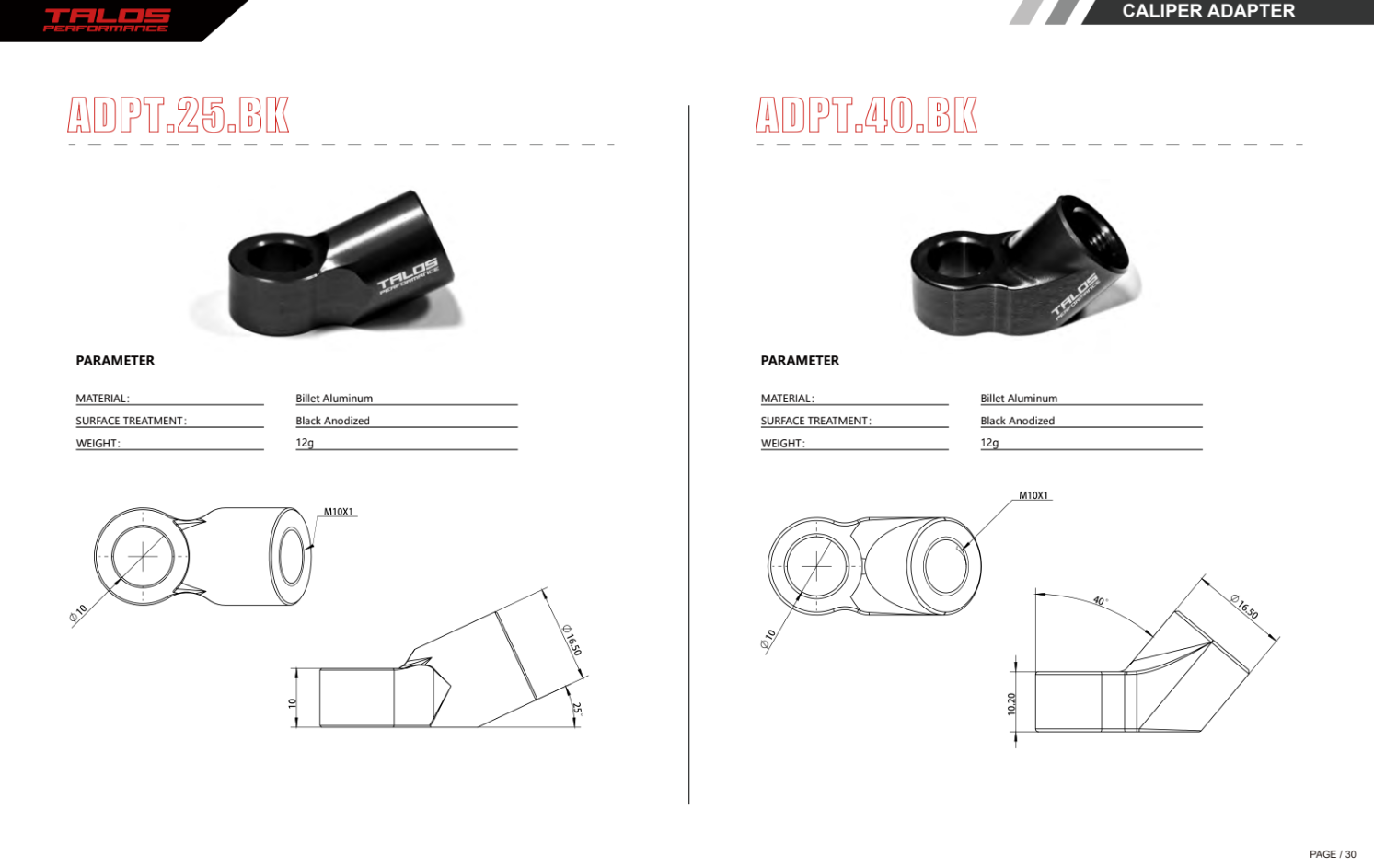 TALOS adapter za priključak kočionog calipera s kutom od 25° ili 40°, za brze spojnice s M10x1.0 priključnim navojem, kao što je STÄUBLI SPH.03.7410 itd. 