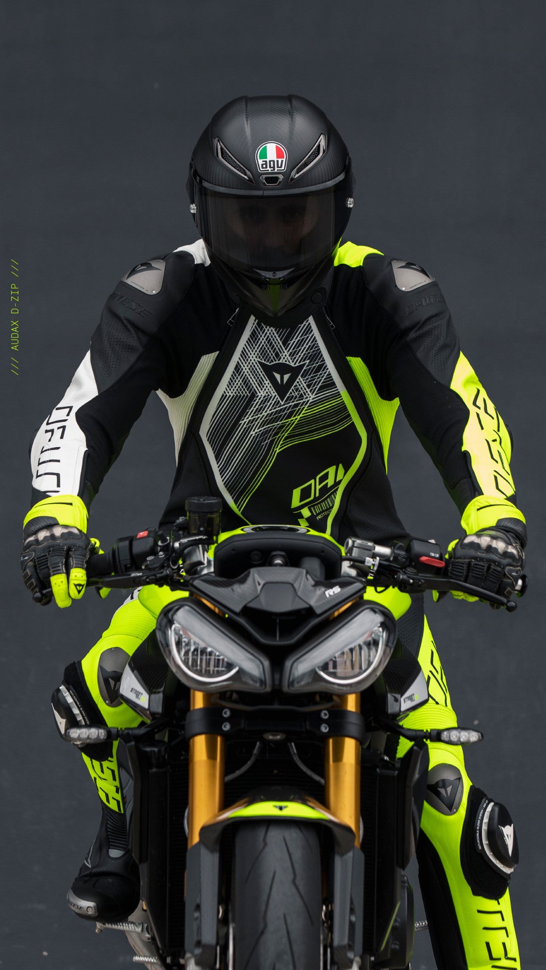 Dainese Audax D-ZIP jednocjeleni Kožno odijelo – Perforirani trkaći kombinezon | Muški | Crna/Neon Žuta 