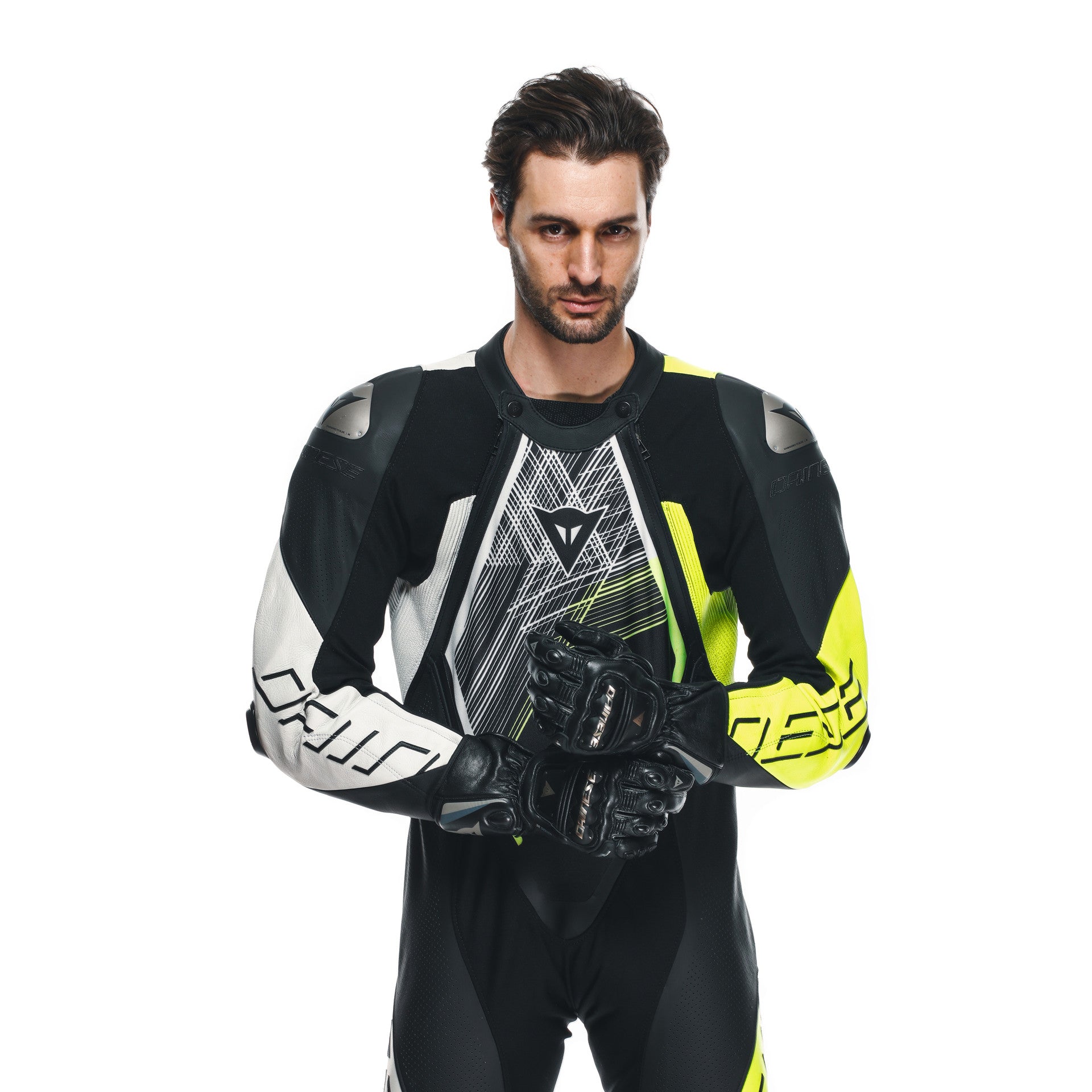 Dainese Audax D-ZIP jednocjeleni Kožno odijelo – Perforirani trkaći kombinezon | Muški | Crna/Neon Žuta 