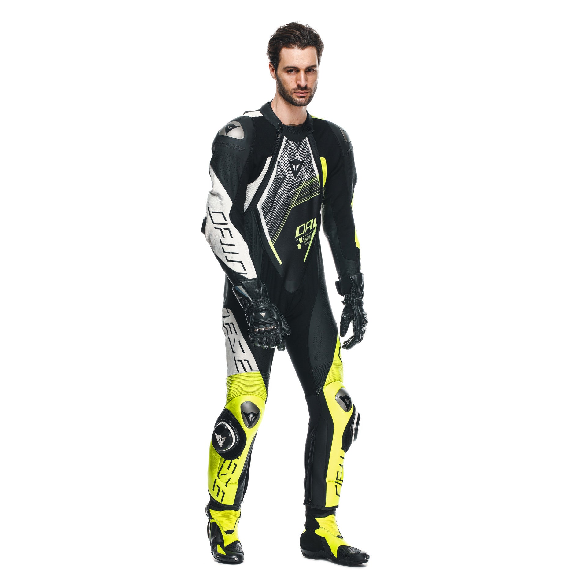 Dainese Audax D-ZIP jednocjeleni Kožno odijelo – Perforirani trkaći kombinezon | Muški | Crna/Neon Žuta 