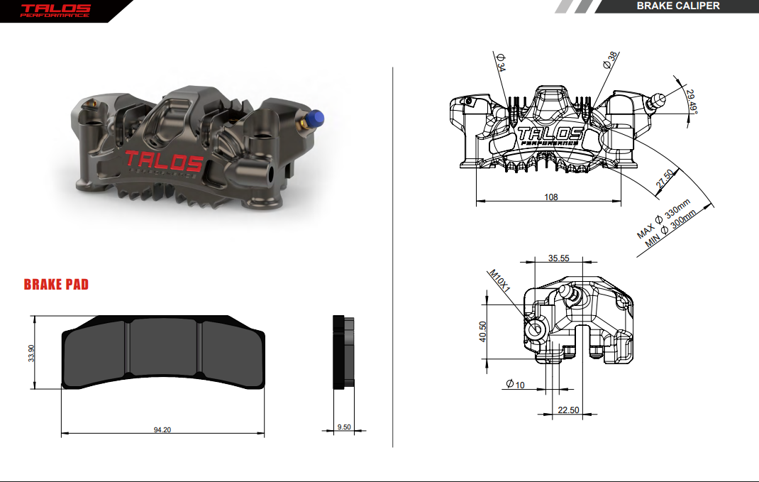 TALOS X82 SBK Racing Monoblock P4 34/38 108mm kočiona čeljust naprijed lijevo | X82.108.DL.L 