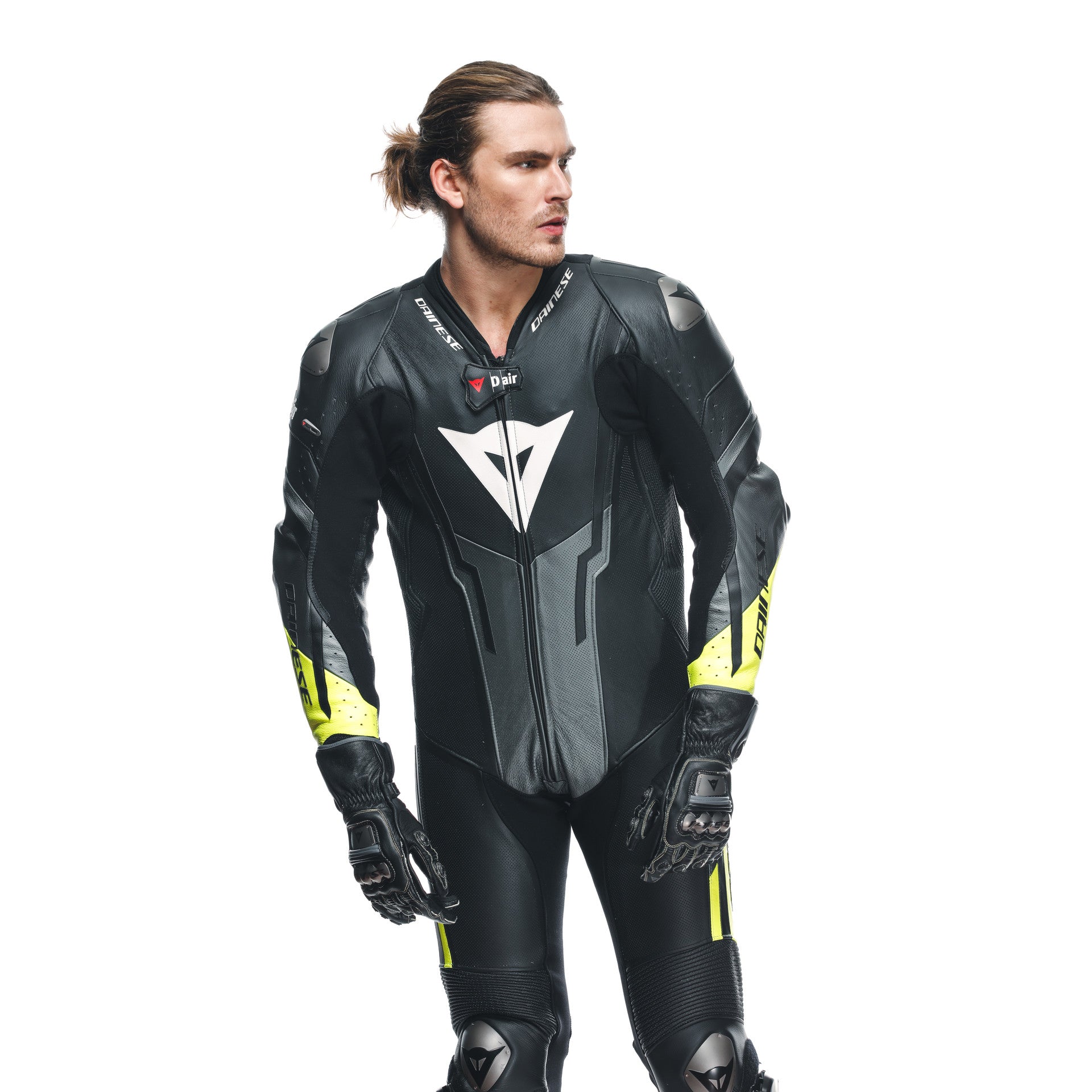 Dainese Misano 3 D-AIR® kombinezon Kožno odijelo – Perforirano zračno jastuče trkaći odijelo | Muški | Crna/Neon Žuta 