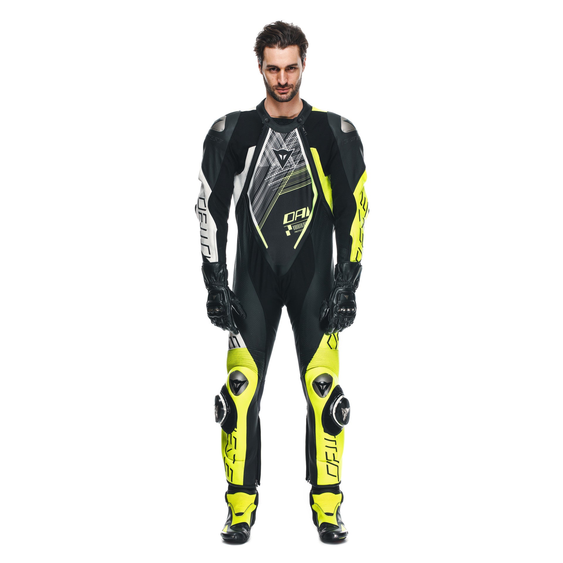 Dainese Audax D-ZIP jednocjeleni Kožno odijelo – Perforirani trkaći kombinezon | Muški | Crna/Neon Žuta 