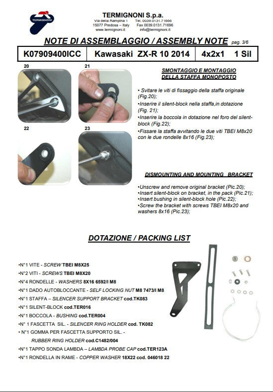 Termignoni kompletni sustav od nehrđajućeg čelika za Kawasaki ZX-10 R/RR (16-20) K07909400ICC 