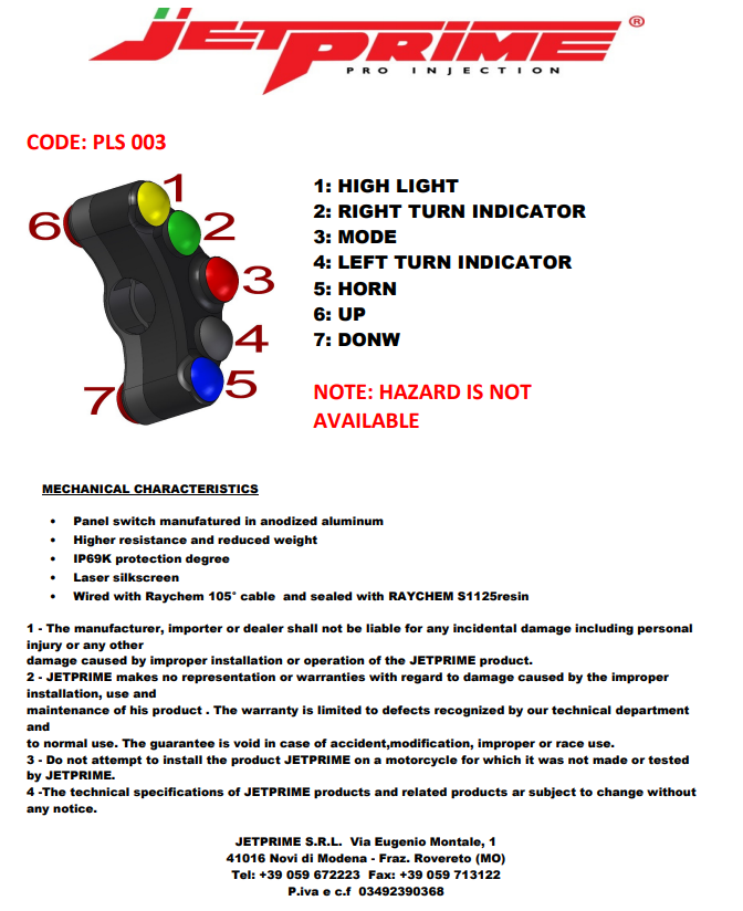 Upravljački prekidač Street lijevi JetPrime Yamaha YZF-R1/M RN32 RN49 (15-19) JP PLS 003 