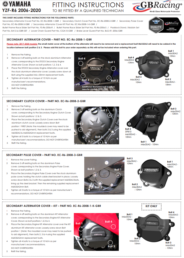 Motordeckel zaštitnici kompletni set GBRacing Yamaha KIT YZF-R6 (06-26) 