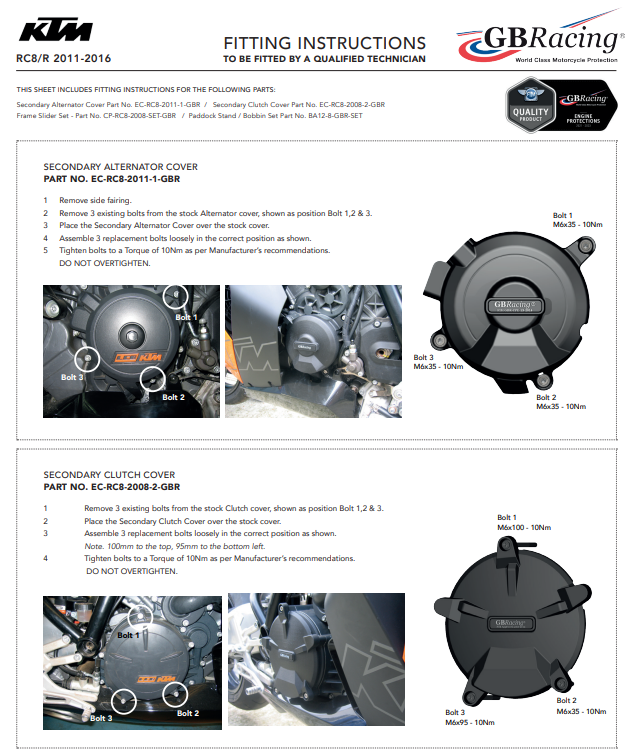 Kompletni set zaštita za poklopac motora GBRacing KTM RC8/R 1190 (11-16) 